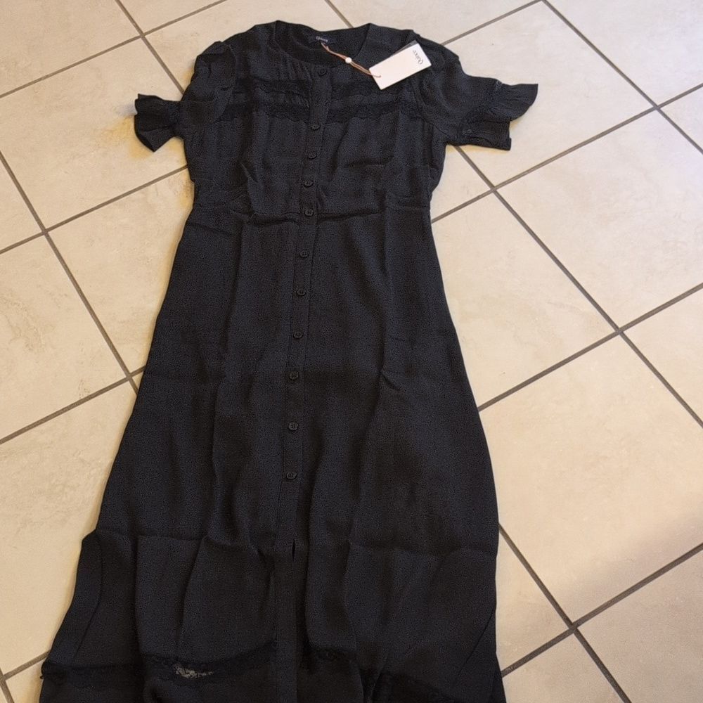 NWT Quince Dress Viscose Button Front Lace trim True Black Midi Size S - Picture 2 of 16